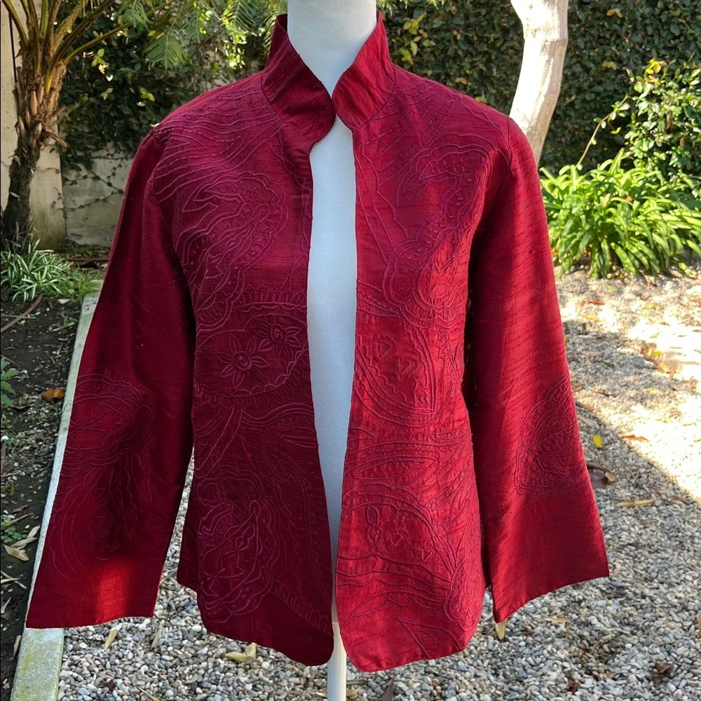 Silk 100% Elegant Red Women's Jacket Indian Embroidered Size S - Picture 1 of 9